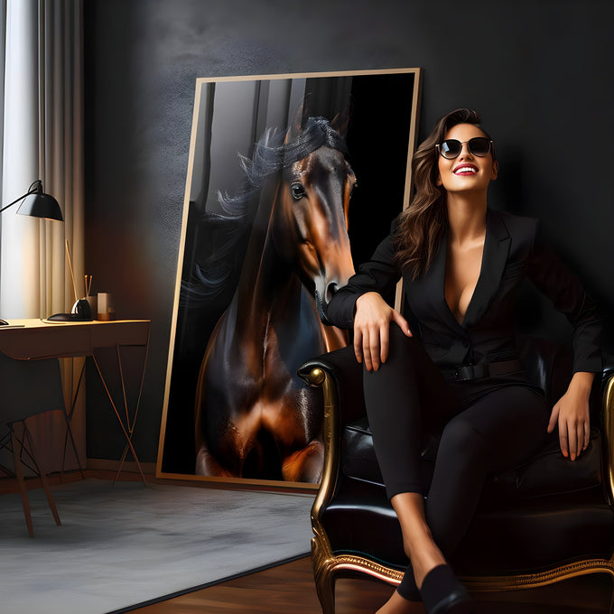 Cavalo marrom com crina negra ao vento em fundo preto e iluminação dramática, quadro decorativo