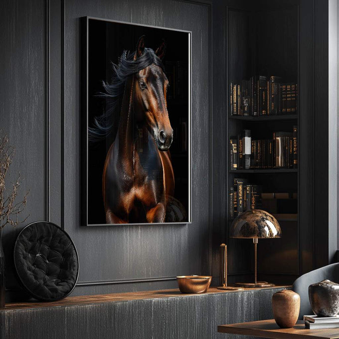 Quadro Decorativo Beleza do Cavalo - quadros decorativos para sala 1 Tela Vertical, 3 Telas - em ambiente decorado