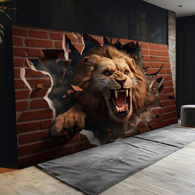 Quadro Decorativo Leão: Quebrando Parede Raivoso - quadros decorativos para sala 1 Tela, 1 Tela Horizontal - em ambiente decorado