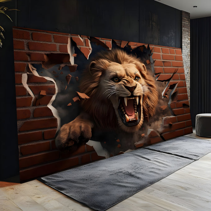 Leão rugindo de boca aberta rompendo parede de tijolos em efeito 3D, quadro decorativo