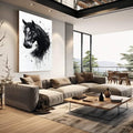 Quadro Decorativo Cavalo Retrato Preto E Branco - quadros decorativos 1 Tela Vertical, 3 Telas - em sala moderna