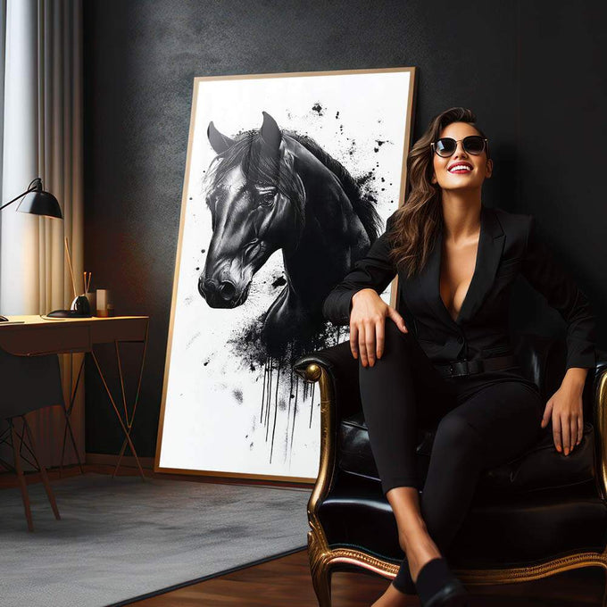 Quadro Decorativo Cavalo Retrato Preto E Branco - quadros decorativos 1 Tela Vertical, 3 Telas - em escritorio elegante