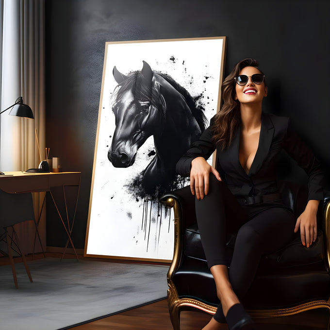 Cabeça de cavalo preto em retrato com respingos e escorridos de tinta sobre fundo branco, quadro decorativo