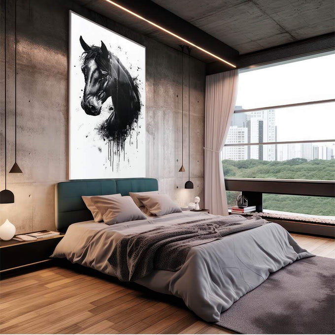 Quadro Decorativo Cavalo Retrato Preto E Branco - quadros decorativos para sala 1 Tela Vertical, 3 Telas - em living room premium