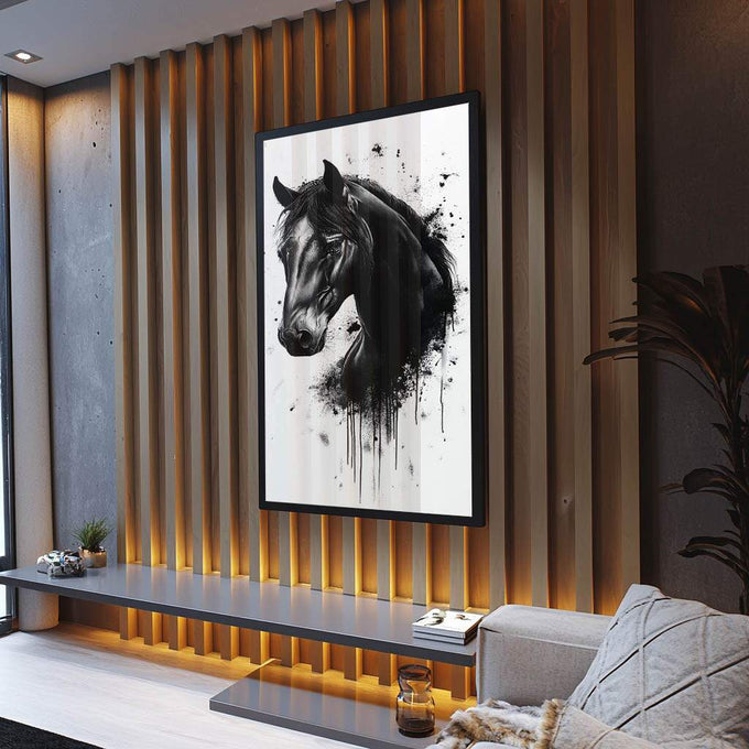 Quadro Decorativo Cavalo Retrato Preto E Branco - quadros decorativos para sala 1 Tela Vertical, 3 Telas - em ambiente decorado