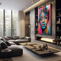 Quadro Decorativo Mulher Abstrata Encanto em Tons Vibrantes - quadros decorativos 1 Tela Vertical, 3 Telas - em sala moderna