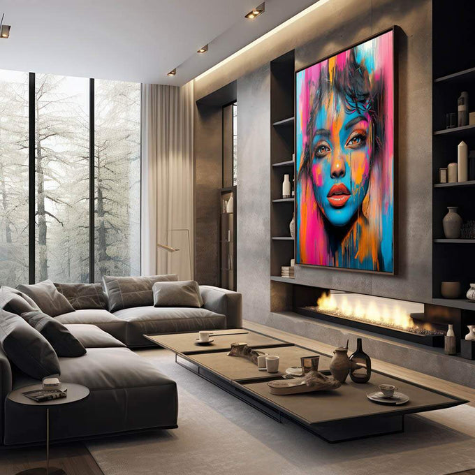Quadro Decorativo Mulher Abstrata Encanto em Tons Vibrantes - quadros decorativos 1 Tela Vertical, 3 Telas - em sala moderna