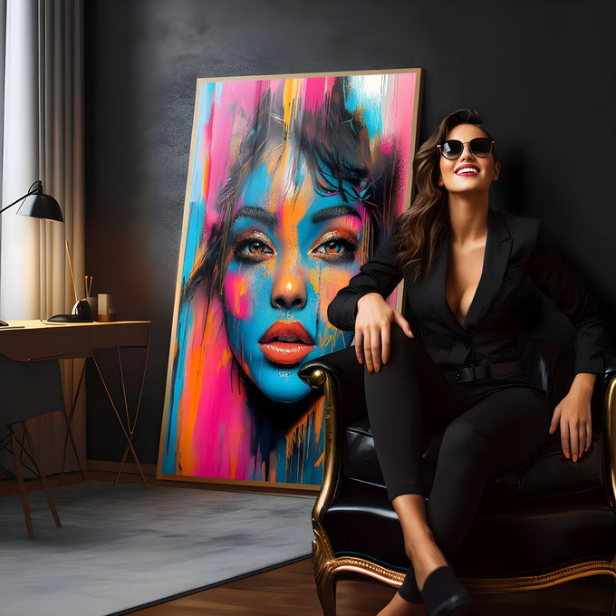 Rosto de mulher pintado em azul com respingos rosa e laranja estilo grafite, quadro decorativo