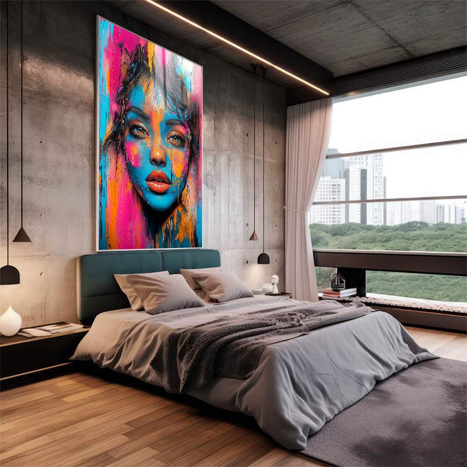Quadro Decorativo Mulher Abstrata Encanto em Tons Vibrantes - quadros decorativos 1 Tela Vertical, 3 Telas - em escritorio elegante