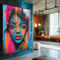 Quadro Decorativo Mulher Abstrata Encanto em Tons Vibrantes - quadros decorativos para sala 1 Tela Vertical, 3 Telas - em ambiente decorado