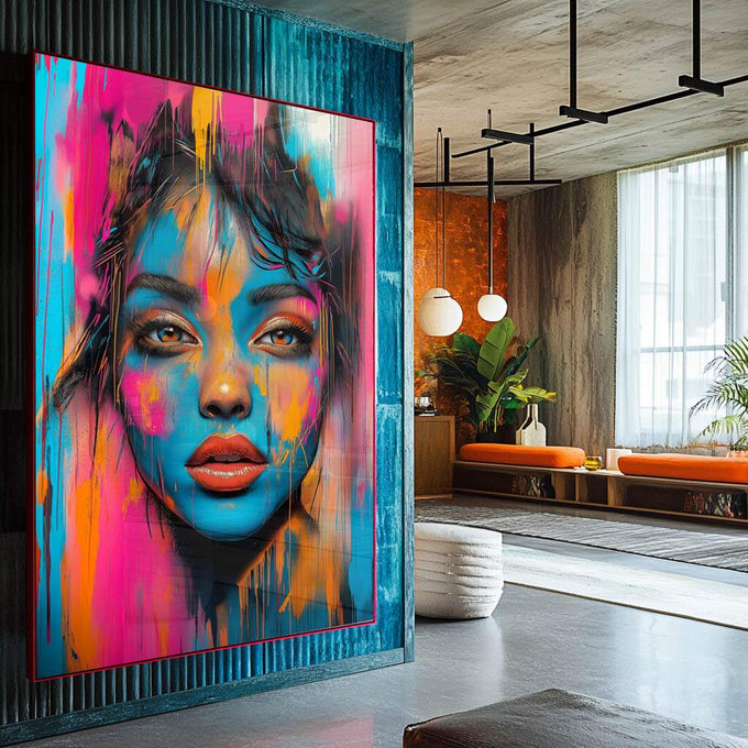 Quadro Decorativo Mulher Abstrata Encanto em Tons Vibrantes - quadros decorativos para sala 1 Tela Vertical, 3 Telas - em ambiente decorado