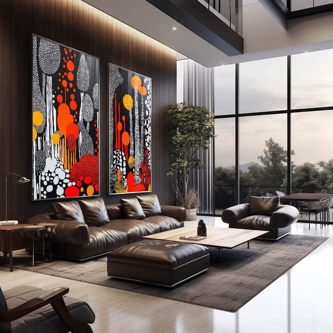 Quadro Decorativo Dupla Abstrata em Pontilhados - quadros decorativos 2 Telas, Abstratos e Geométricos - em sala moderna