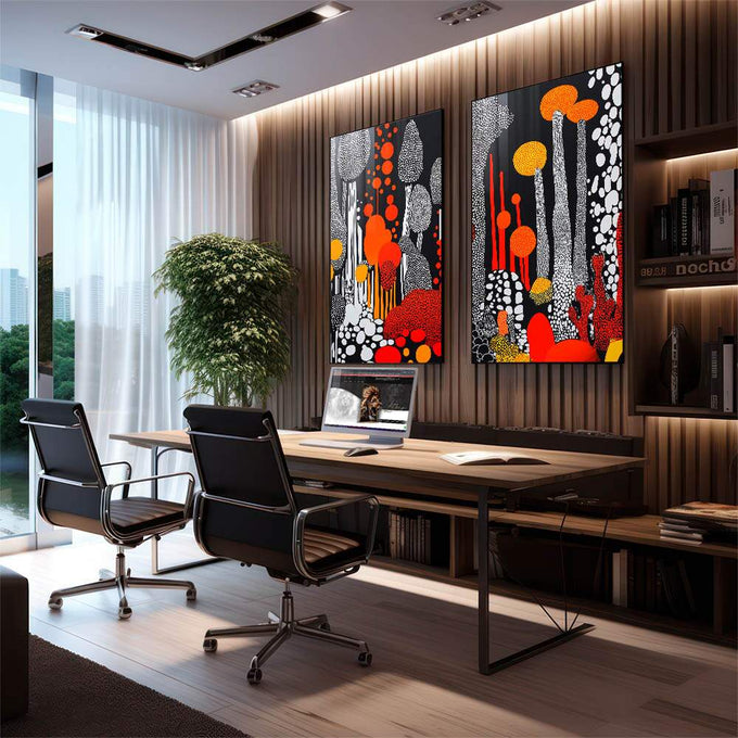 Quadro Decorativo Dupla Abstrata em Pontilhados - quadros decorativos para sala 2 Telas, Abstratos e Geométricos - em quarto contemporaneo