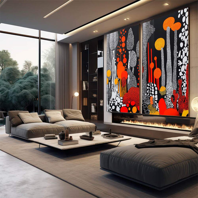 Quadro Decorativo Dupla Abstrata em Pontilhados - quadros decorativos para sala 2 Telas, Abstratos e Geométricos - em living room premium