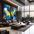 Quadro Decorativo Abstrato Azul e Amarelo Estilo e Sofisticação - quadros decorativos 2 Telas, Abstratos e Geométricos - em sala moderna