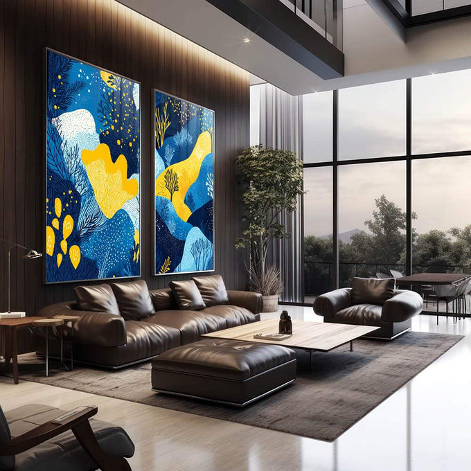 Quadro Decorativo Abstrato Azul e Amarelo Estilo e Sofisticação - quadros decorativos 2 Telas, Abstratos e Geométricos - em sala moderna