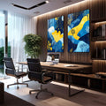 Quadro Decorativo Abstrato Azul e Amarelo Estilo e Sofisticação - quadros decorativos para sala 2 Telas, Abstratos e Geométricos - em quarto contemporaneo