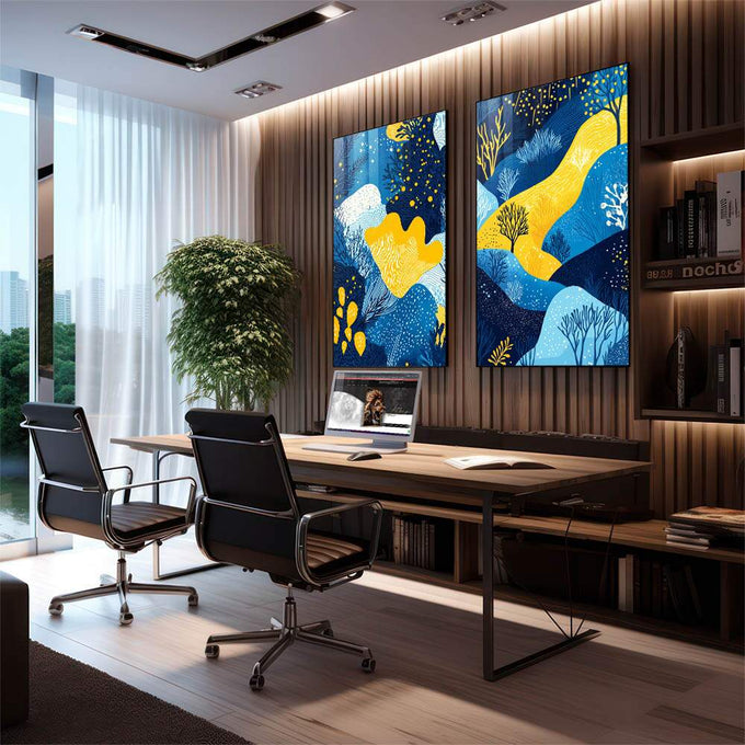 Quadro Decorativo Abstrato Azul e Amarelo Estilo e Sofisticação - quadros decorativos para sala 2 Telas, Abstratos e Geométricos - em quarto contemporaneo