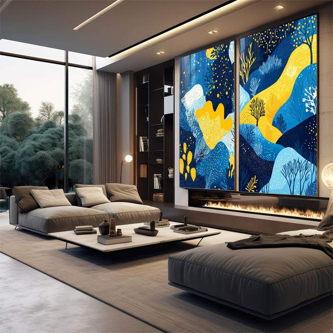 Quadro Decorativo Abstrato Azul e Amarelo Estilo e Sofisticação - quadros decorativos para sala 2 Telas, Abstratos e Geométricos - em living room premium