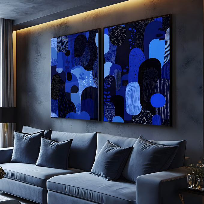 Díptico abstrato com formas orgânicas azuis e pretas, pontilhados e linhas finas, quadro decorativo