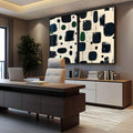 Duas telas com manchas e formas pretas, azul-marinho e círculos verdes sobre fundo creme, quadro decorativo