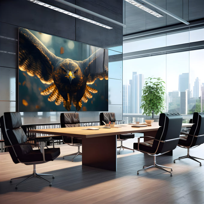 Águia em voo de asas abertas com penas marrons e reflexos dourados sobre fundo azul, quadro decorativo