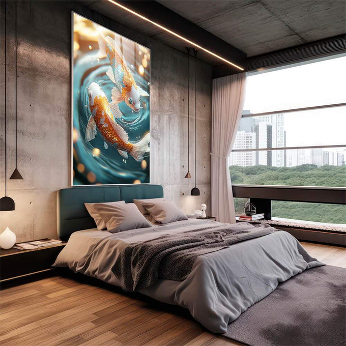 Quadro Decorativo Fluidez Das Carpas - quadros decorativos 1 Tela Vertical, 3 Telas - em sala moderna