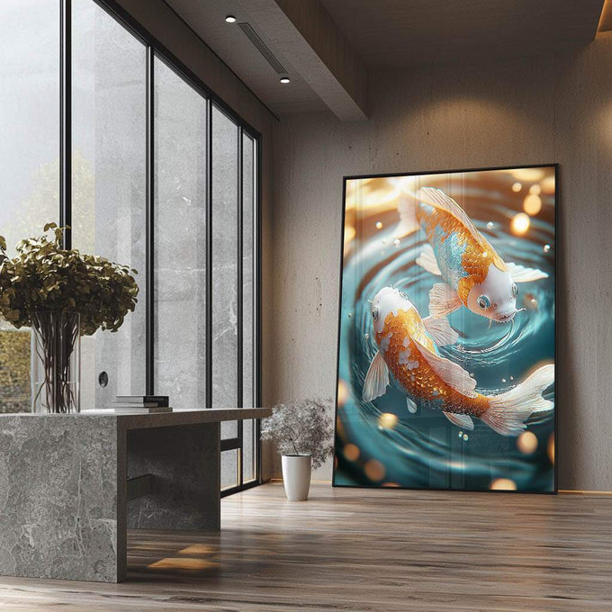 Quadro Decorativo Fluidez Das Carpas - quadros decorativos para sala 1 Tela Vertical, 3 Telas - em ambiente decorado