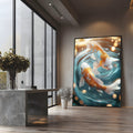 Duas carpas koi laranja e brancas nadando em círculo na água azul turquesa com luzes, quadro decorativo