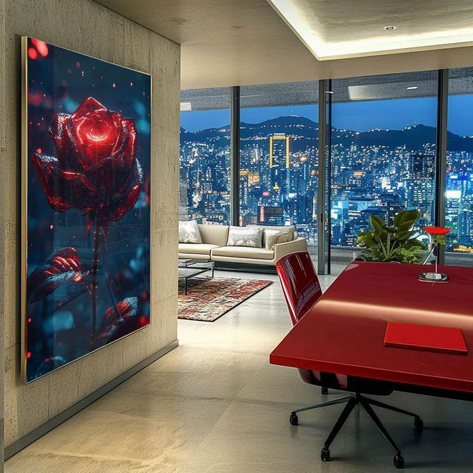 Quadro Decorativo A Beleza da Rosa  Cores Vibrantes - quadros decorativos para sala 1 Tela Vertical, 3 Telas - em ambiente decorado
