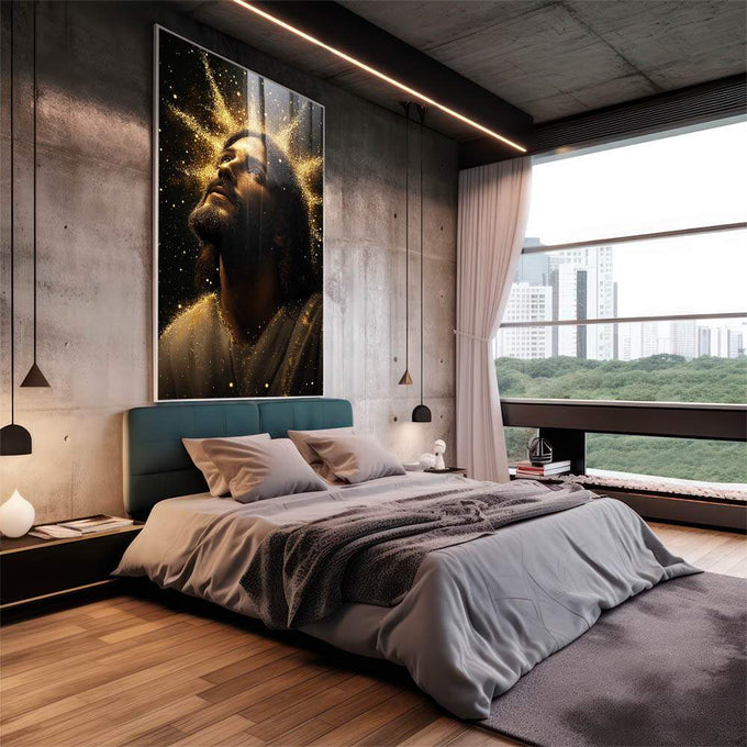 Quadro Decorativo O Olhar de Esperança Jesus em Inspiração e Fé - quadros decorativos 1 Tela Vertical, 3 Telas - em sala moderna