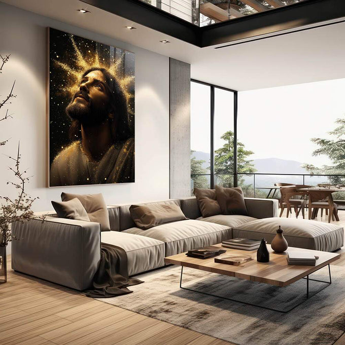 Quadro Decorativo O Olhar de Esperança Jesus em Inspiração e Fé - quadros decorativos para sala 1 Tela Vertical, 3 Telas - em quarto contemporaneo