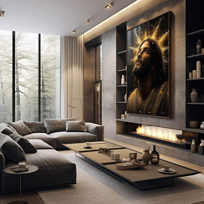 Quadro Decorativo O Olhar de Esperança Jesus em Inspiração e Fé - quadros decorativos 1 Tela Vertical, 3 Telas - em escritorio elegante