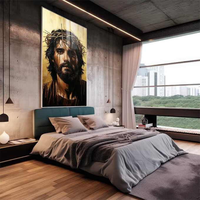 Quadro Decorativo A Serenidade de Jesus  Paz e Harmonia - quadros decorativos 1 Tela Vertical, 3 Telas - em sala moderna