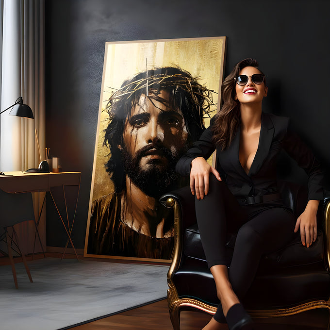 Retrato de Jesus Cristo com coroa de espinhos em pinceladas marrons sobre fundo dourado, quadro decorativo