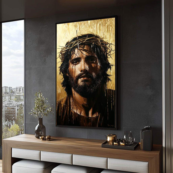 Quadro Decorativo A Serenidade de Jesus  Paz e Harmonia - quadros decorativos para sala 1 Tela Vertical, 3 Telas - em ambiente decorado