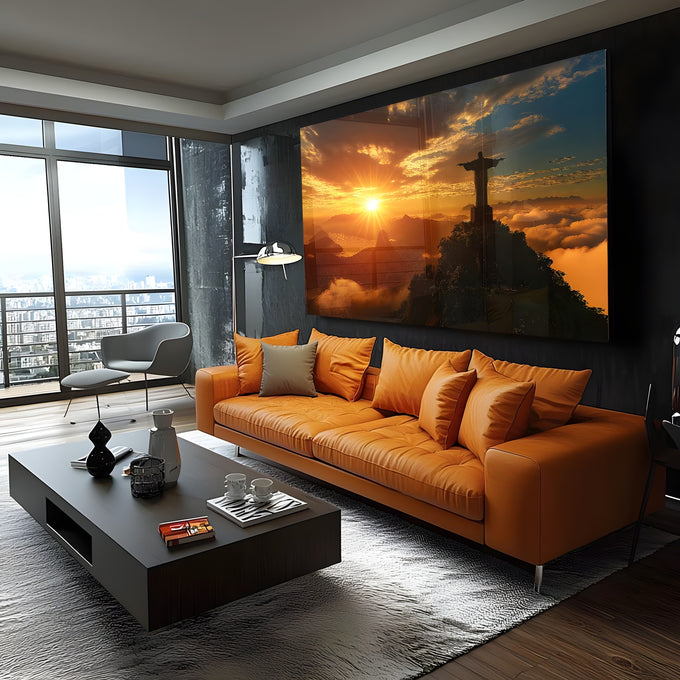 Cristo Redentor ao pôr do sol com Pão de Açúcar e nuvens douradas no Rio de Janeiro, quadro decorativo