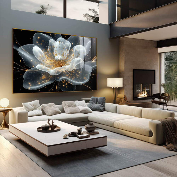 Quadro Decorativo Expendida Flor Branca com Dourado - quadros decorativos 1 Tela, 3 Telas - em sala moderna