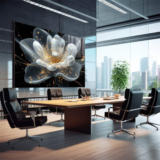 Quadro Decorativo Expendida Flor Branca com Dourado - quadros decorativos para sala 1 Tela, 3 Telas - em quarto contemporaneo