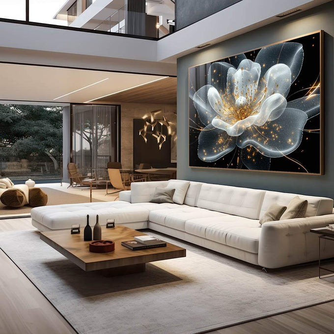 Quadro Decorativo Expendida Flor Branca com Dourado - quadros decorativos para sala 1 Tela, 3 Telas - em living room premium