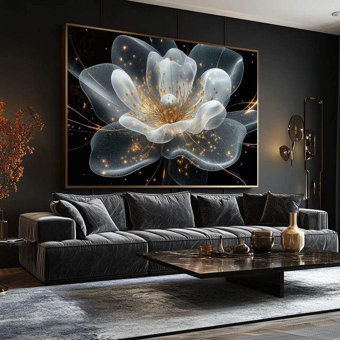 Quadro Decorativo Expendida Flor Branca com Dourado - quadros decorativos para sala 1 Tela, 3 Telas - em ambiente decorado