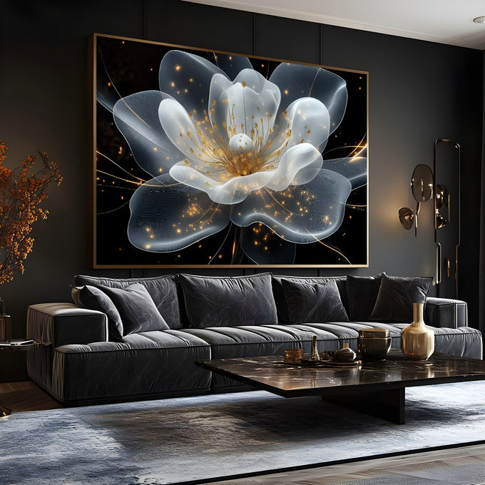Flor branca translúcida com estames dourados e partículas de luz sobre fundo preto, quadro decorativo