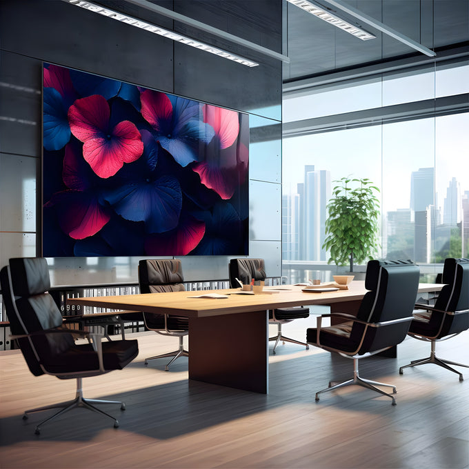 Pétalas grandes de flores rosa e azul-marinho sobrepostas em fundo escuro, quadro decorativo