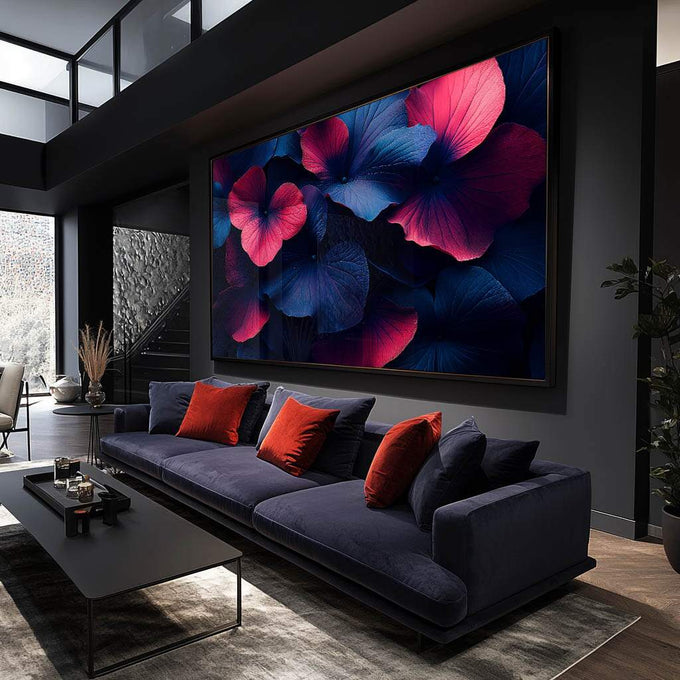 Quadro Decorativo de Flores em Tons Escuros - quadros decorativos para sala 1 Tela, 1 Tela Horizontal - em ambiente decorado