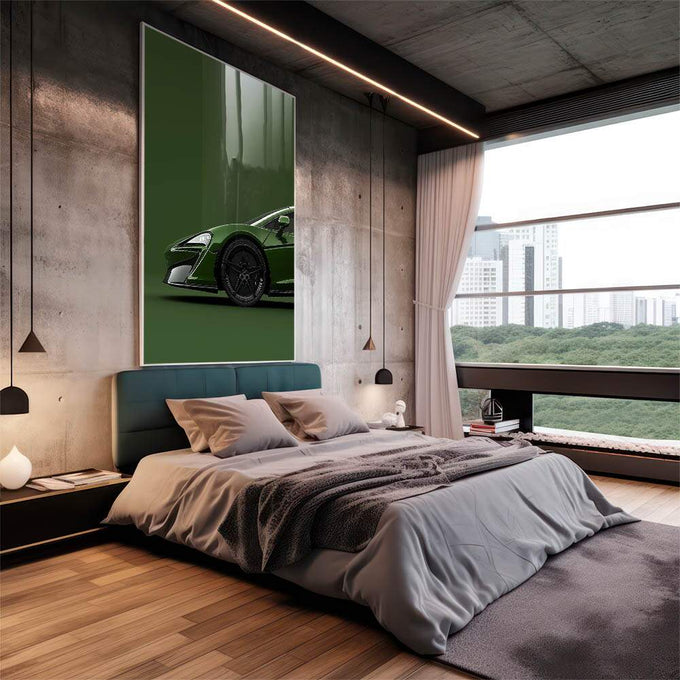 Quadro Decorativo Super Carro Esverdeado Estilo e Aventura - quadros decorativos para sala 1 Tela Vertical, 3 Telas - em living room premium