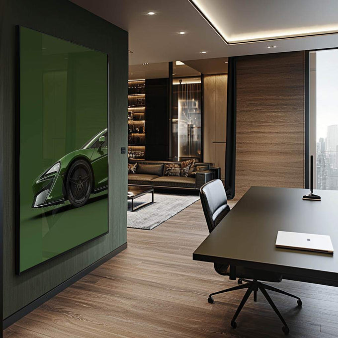 Quadro Decorativo Super Carro Esverdeado Estilo e Aventura - quadros decorativos para sala 1 Tela Vertical, 3 Telas - em ambiente decorado