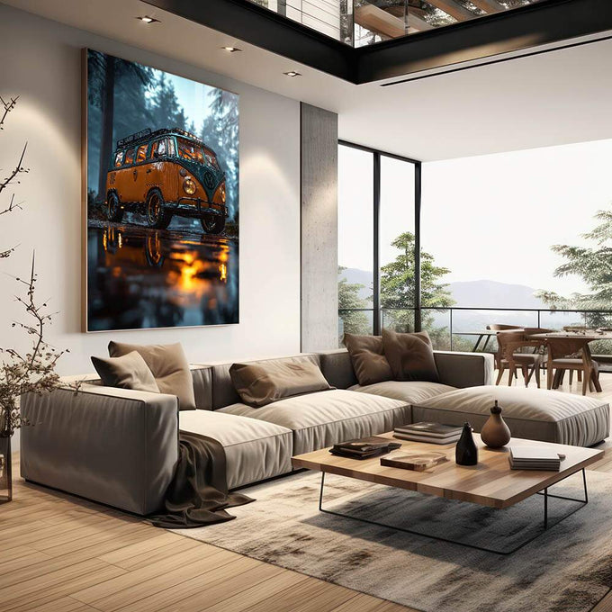 Quadro Decorativo Kombi Aventura Natureza e Liberdade - quadros decorativos 1 Tela Vertical, 3 Telas - em sala moderna