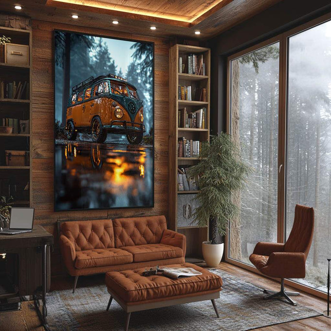 Quadro Decorativo Kombi Aventura Natureza e Liberdade - quadros decorativos para sala 1 Tela Vertical, 3 Telas - em ambiente decorado