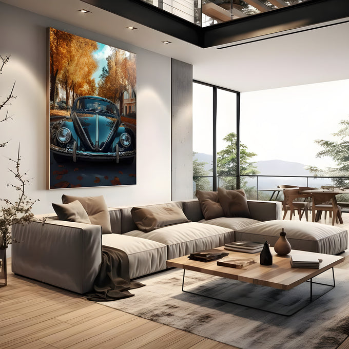 Fusca azul vintage de frente em avenida com árvores de outono laranja, quadro decorativo