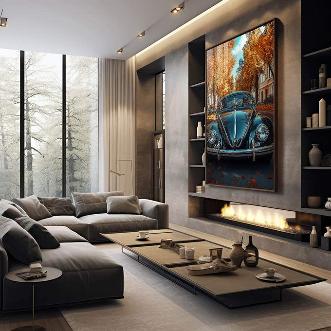 Quadro Decorativo do Fusca em Harmonia com a Natureza - quadros decorativos para sala 1 Tela Vertical, 3 Telas - em quarto contemporaneo